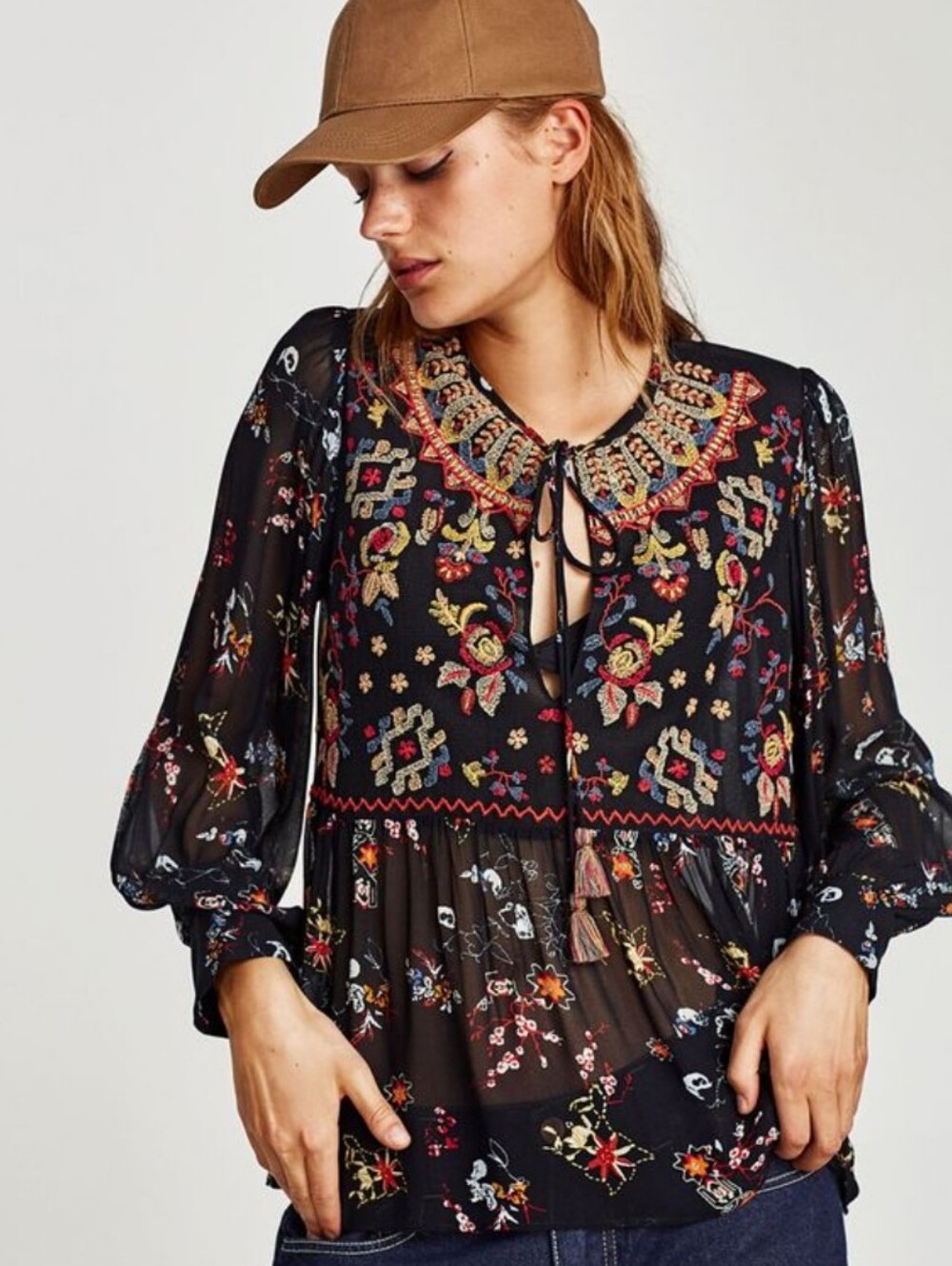 Zara Woman Embroidered Peasant Blouse